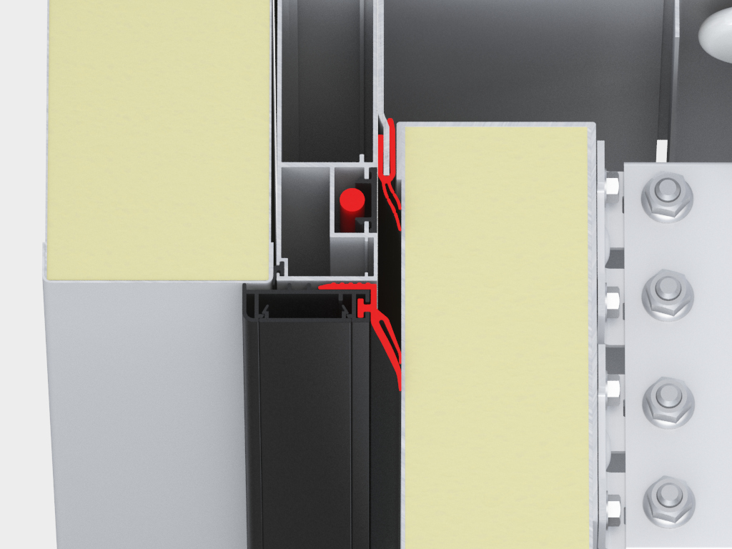 Двойная система уплотнения проема: боковой двухлепестковый уплотнитель установлен между полотном и угловой стойкой, внешний двухлепестковый контур уплотнения — между проемом и щитом. Проем уплотняется четырьмя уплотнителями одновременно, дополнительные воздушные камеры обеспечивают максимально надежную герметизацию.